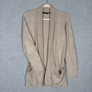 Vice Versa Cardigan Sweater Womens Medium Tan Wool Elbow Patches Oatmeal Grandpa